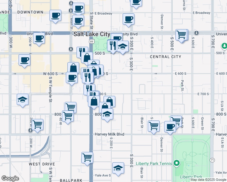 map of restaurants, bars, coffee shops, grocery stores, and more near 203 700 South in Salt Lake City