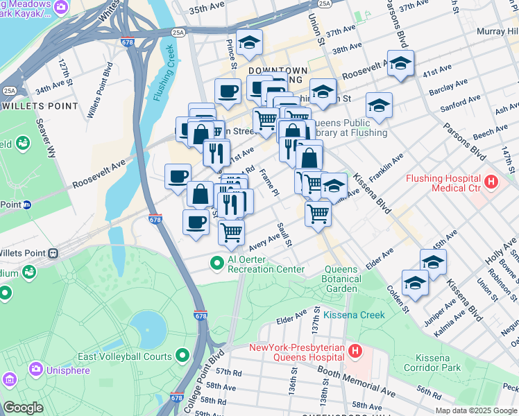 map of restaurants, bars, coffee shops, grocery stores, and more near 132-40 Sanford Avenue in Queens