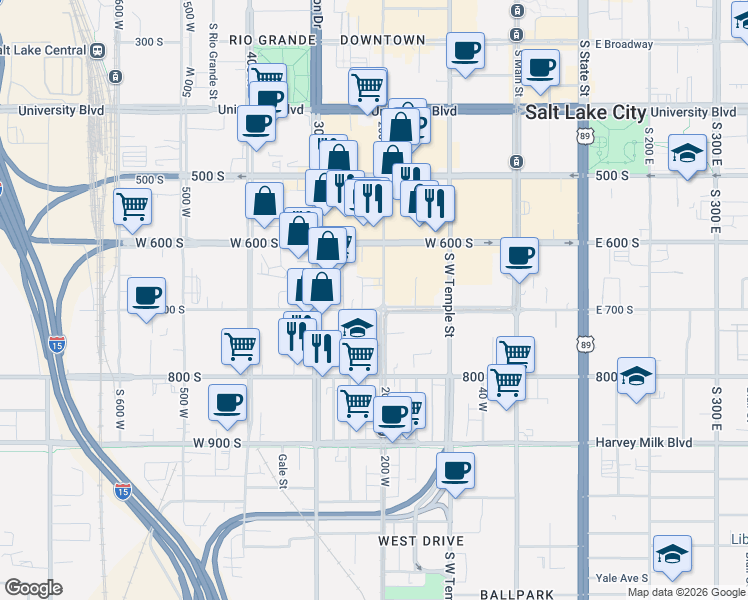 map of restaurants, bars, coffee shops, grocery stores, and more near 676 South 200 West in Salt Lake City