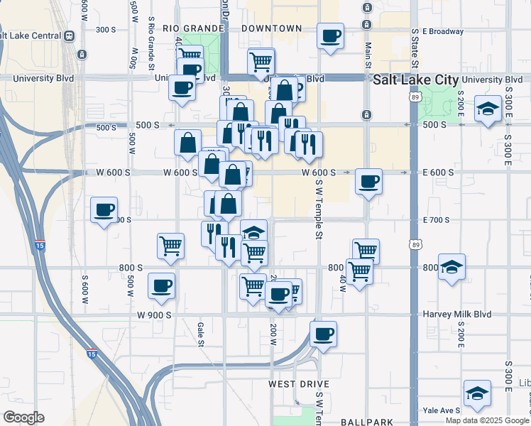 map of restaurants, bars, coffee shops, grocery stores, and more near 676 South 200 West in Salt Lake City