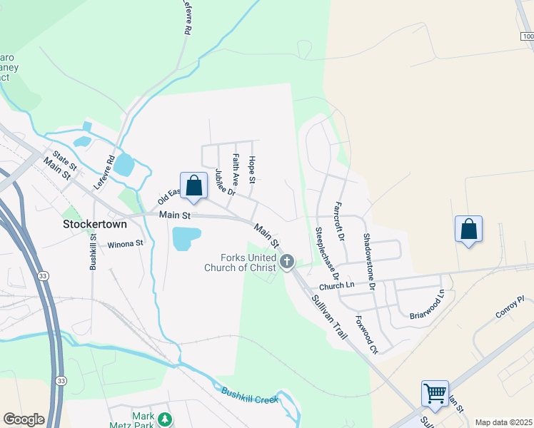 map of restaurants, bars, coffee shops, grocery stores, and more near 302 Birch Street in Easton