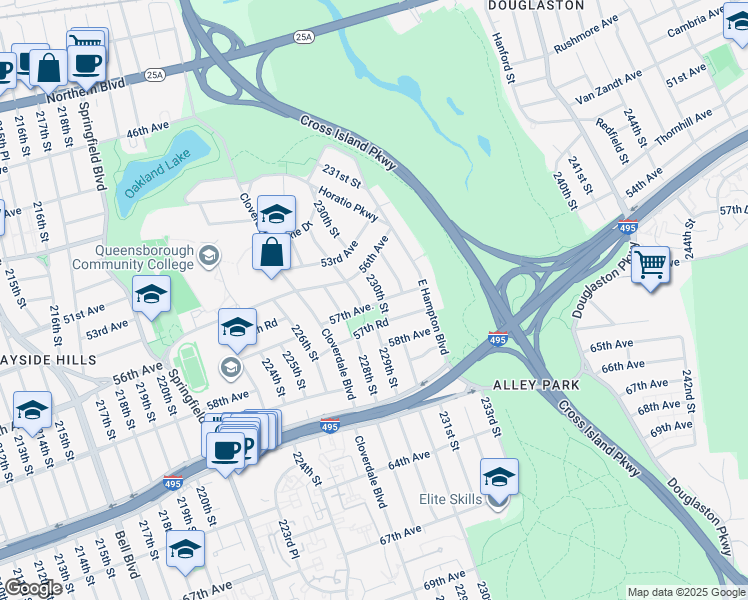 map of restaurants, bars, coffee shops, grocery stores, and more near 56-12 230th Street in Queens