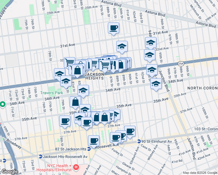 map of restaurants, bars, coffee shops, grocery stores, and more near 33-34 87th Street in Queens