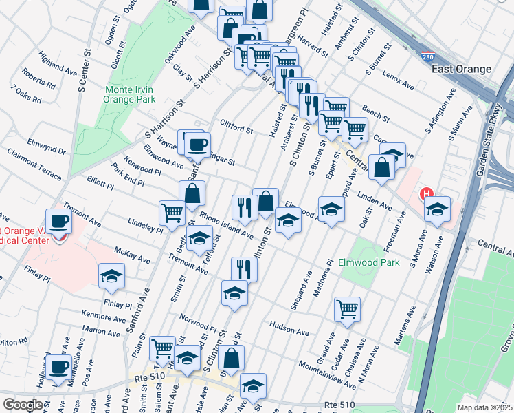 map of restaurants, bars, coffee shops, grocery stores, and more near 361 Halsted Street in East Orange