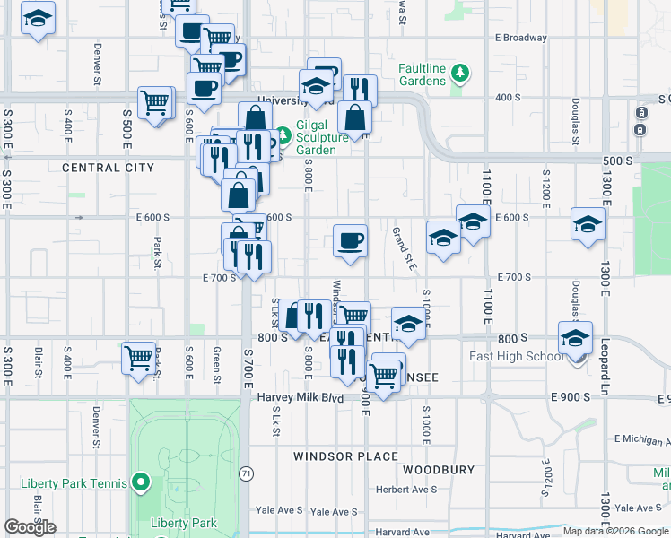 map of restaurants, bars, coffee shops, grocery stores, and more near 832 East Sego Avenue in Salt Lake City