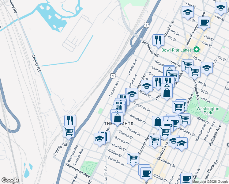 map of restaurants, bars, coffee shops, grocery stores, and more near 245 Terrace Avenue in Jersey City