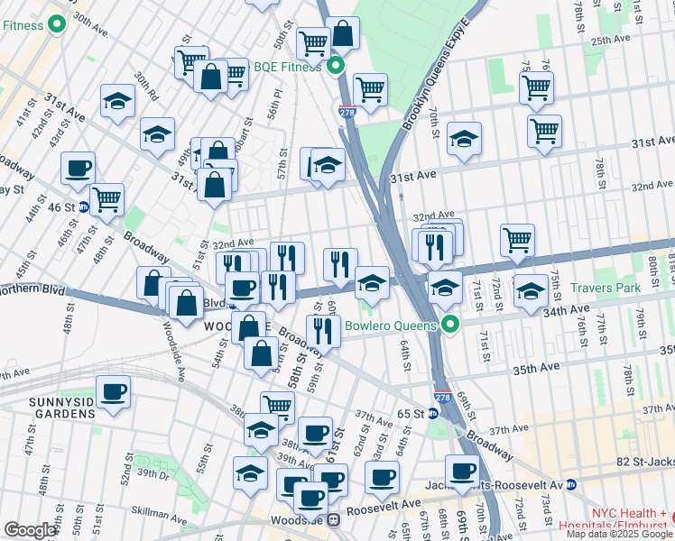 map of restaurants, bars, coffee shops, grocery stores, and more near 32-33 60th Street in Queens