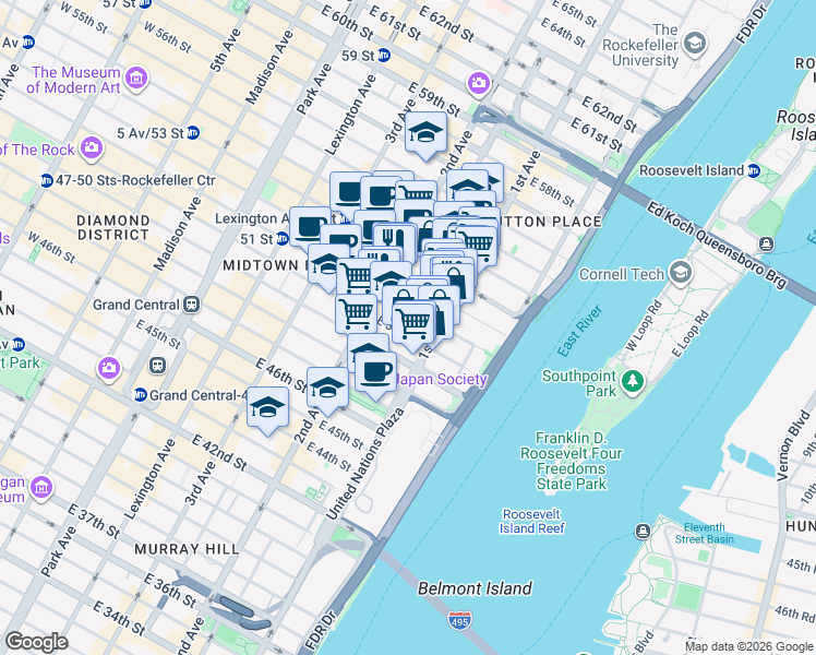 map of restaurants, bars, coffee shops, grocery stores, and more near 335 East 51st Street in New York