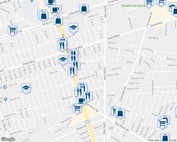 map of restaurants, bars, coffee shops, grocery stores, and more near 202 E 3rd St in Deer Park