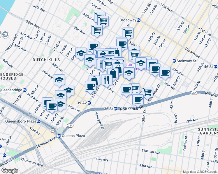 map of restaurants, bars, coffee shops, grocery stores, and more near 32-15 37th Avenue in Queens