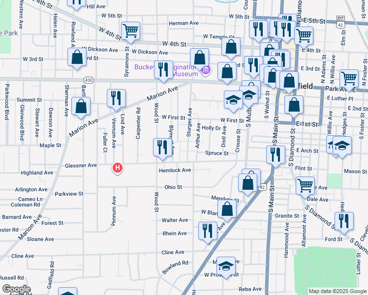 map of restaurants, bars, coffee shops, grocery stores, and more near 158 Sturges Avenue in Mansfield