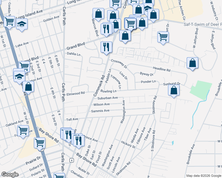 map of restaurants, bars, coffee shops, grocery stores, and more near 10 Spindle Court in Deer Park
