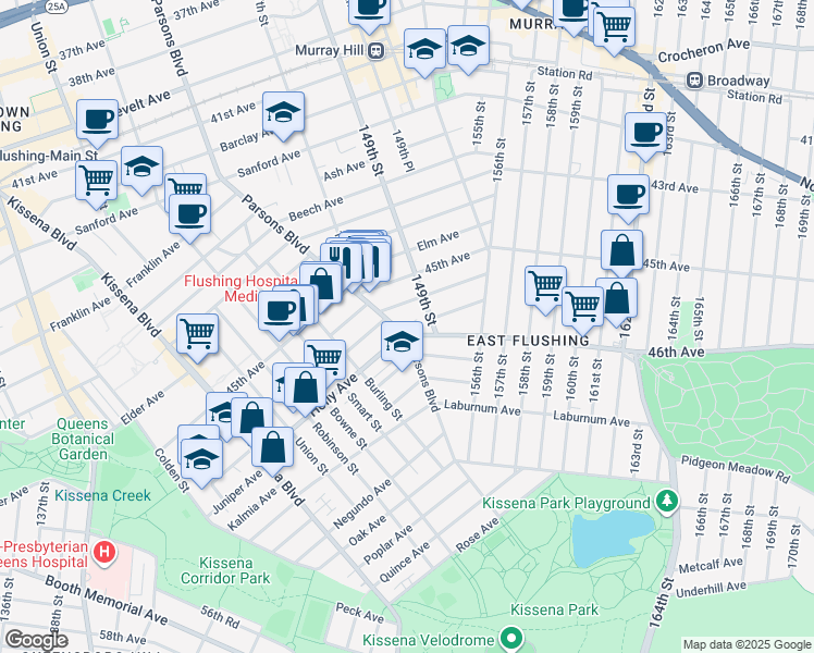 map of restaurants, bars, coffee shops, grocery stores, and more near 14726 Hawthorne Avenue in Queens