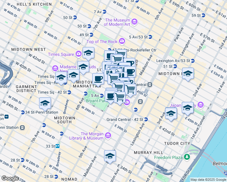 map of restaurants, bars, coffee shops, grocery stores, and more near 530 5th Avenue in New York