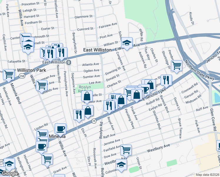 map of restaurants, bars, coffee shops, grocery stores, and more near 100 Charles Street in Mineola
