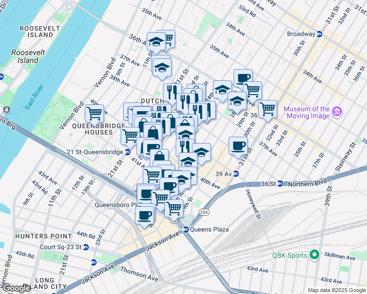 map of restaurants, bars, coffee shops, grocery stores, and more near 38-33 24th Street in Queens