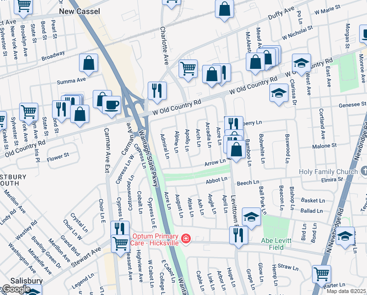 map of restaurants, bars, coffee shops, grocery stores, and more near 40 Apollo Lane in Hicksville