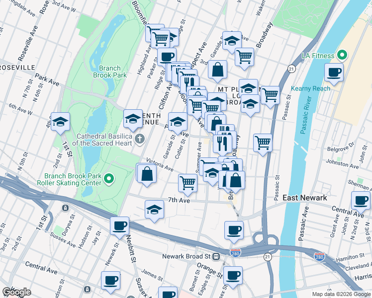 map of restaurants, bars, coffee shops, grocery stores, and more near 42-56 Park Avenue in Newark