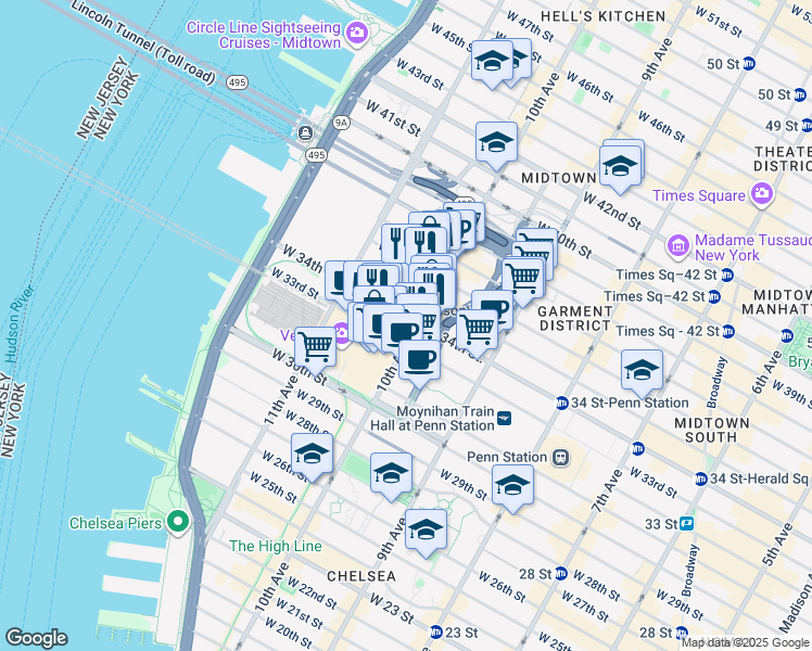 map of restaurants, bars, coffee shops, grocery stores, and more near 535 West 34th Street in New York