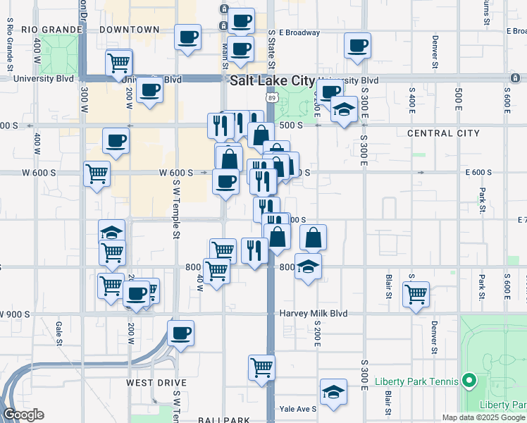 map of restaurants, bars, coffee shops, grocery stores, and more near 649 State Street in Salt Lake City