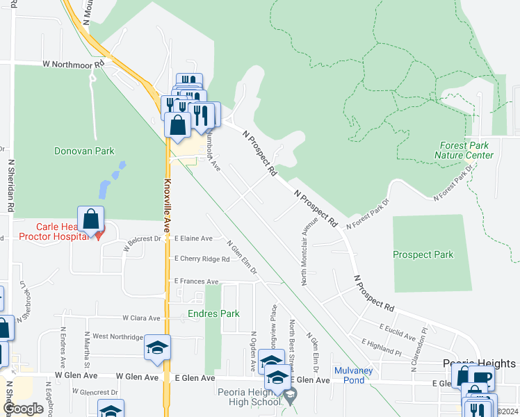 map of restaurants, bars, coffee shops, grocery stores, and more near 5603 North Woodland Court in Peoria