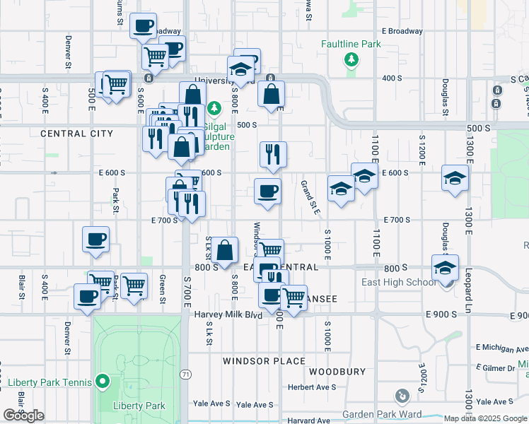 map of restaurants, bars, coffee shops, grocery stores, and more near 832 East Sego Avenue in Salt Lake City
