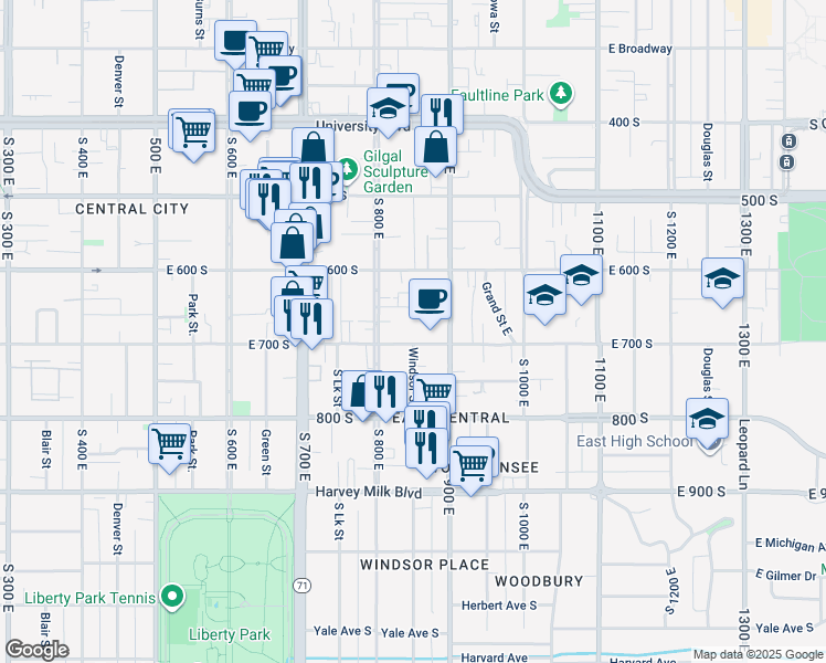 map of restaurants, bars, coffee shops, grocery stores, and more near 832 East Sego Avenue in Salt Lake City