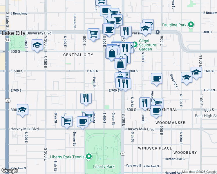 map of restaurants, bars, coffee shops, grocery stores, and more near 644 East 600 South in Salt Lake City