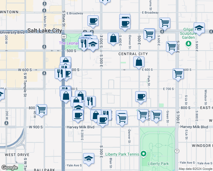map of restaurants, bars, coffee shops, grocery stores, and more near 651 South 300 East in Salt Lake City
