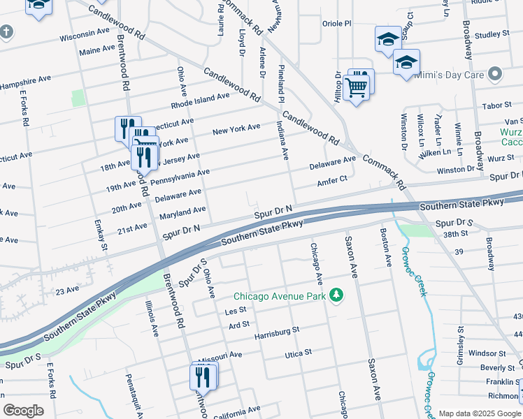 map of restaurants, bars, coffee shops, grocery stores, and more near 961 Spur Drive North in Bay Shore
