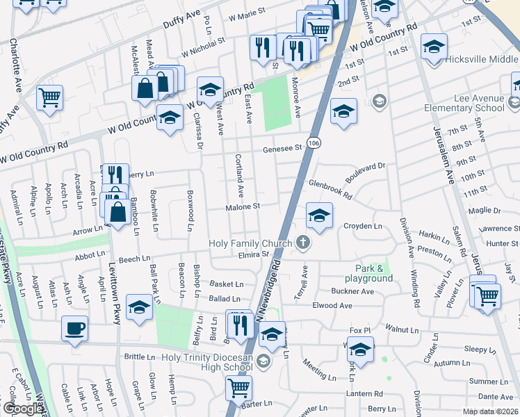 map of restaurants, bars, coffee shops, grocery stores, and more near 116 East Avenue in Hicksville