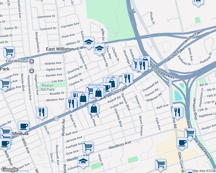 map of restaurants, bars, coffee shops, grocery stores, and more near 227 Brown Street in Mineola