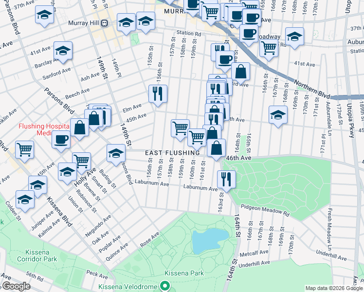 map of restaurants, bars, coffee shops, grocery stores, and more near 45-59 159th Street in Queens