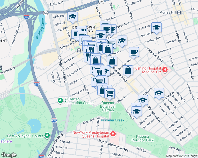 map of restaurants, bars, coffee shops, grocery stores, and more near 137-05 Franklin Avenue in Queens