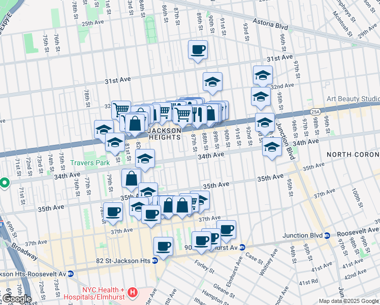 map of restaurants, bars, coffee shops, grocery stores, and more near 33-34 87th Street in Queens