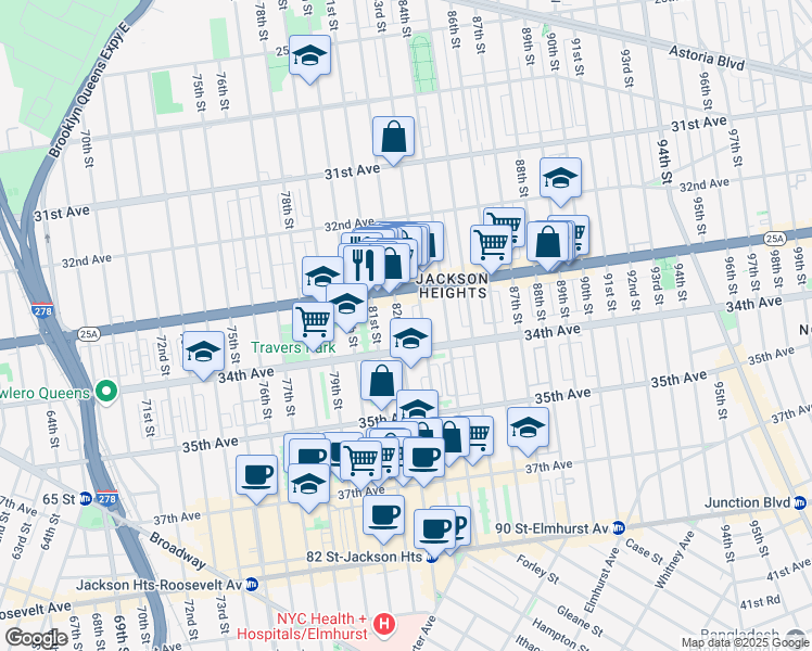 map of restaurants, bars, coffee shops, grocery stores, and more near 33-16 82nd Street in Queens