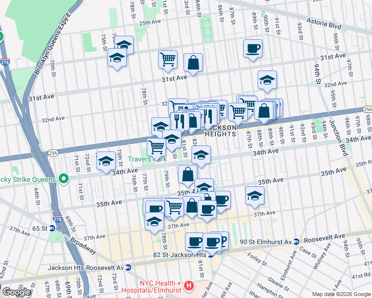 map of restaurants, bars, coffee shops, grocery stores, and more near 33-16 82nd Street in Queens