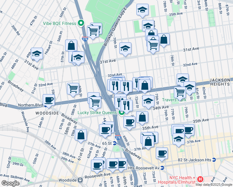 map of restaurants, bars, coffee shops, grocery stores, and more near in Queens