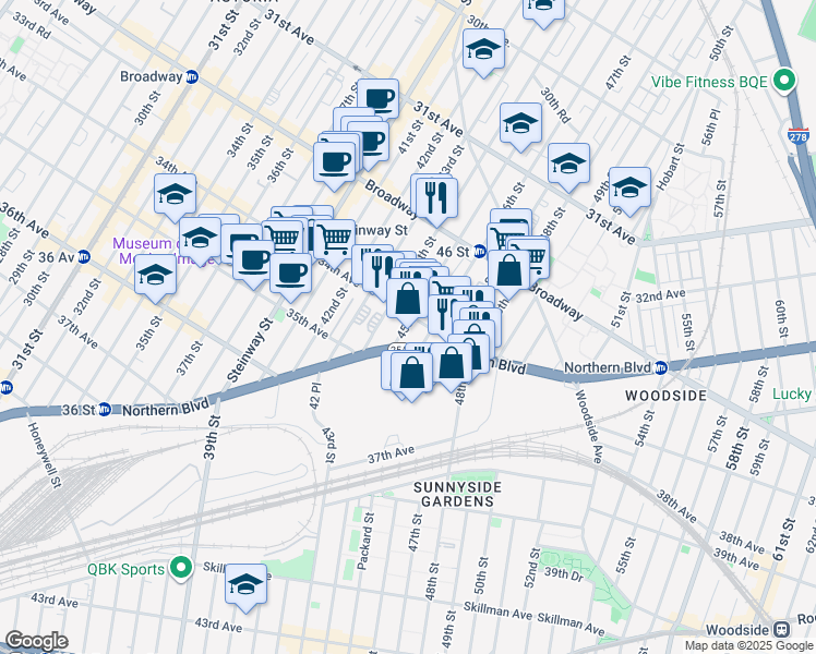 map of restaurants, bars, coffee shops, grocery stores, and more near 32-86 45th Street in Queens