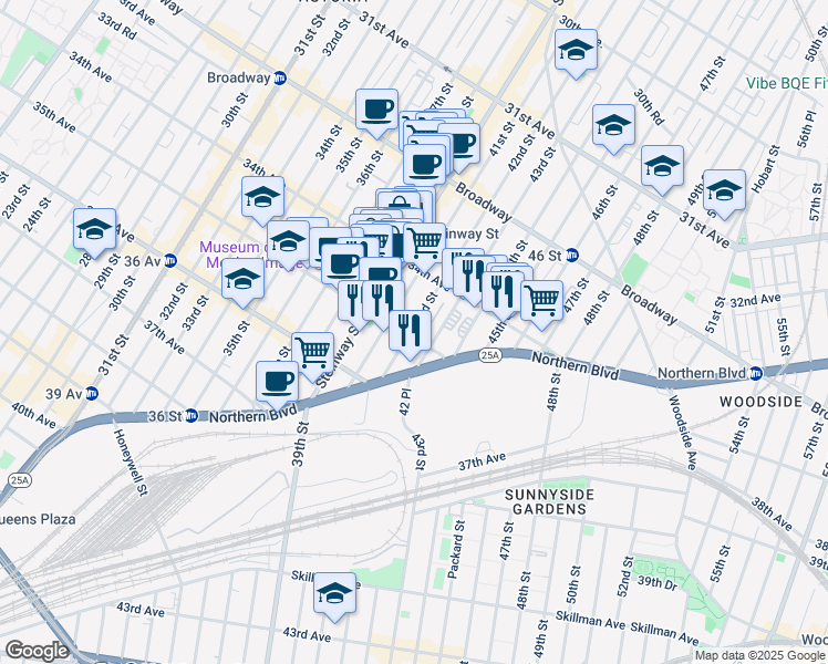 map of restaurants, bars, coffee shops, grocery stores, and more near 34-34 42nd Street in Queens