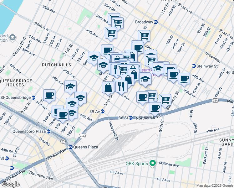 map of restaurants, bars, coffee shops, grocery stores, and more near 31-07 37th Avenue in Queens