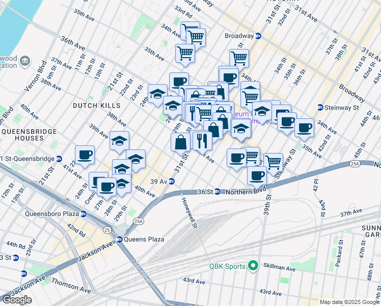 map of restaurants, bars, coffee shops, grocery stores, and more near 31-07 37th Avenue in Queens