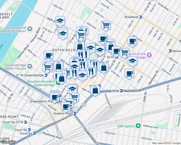 map of restaurants, bars, coffee shops, grocery stores, and more near 38-07 27th Street in Queens