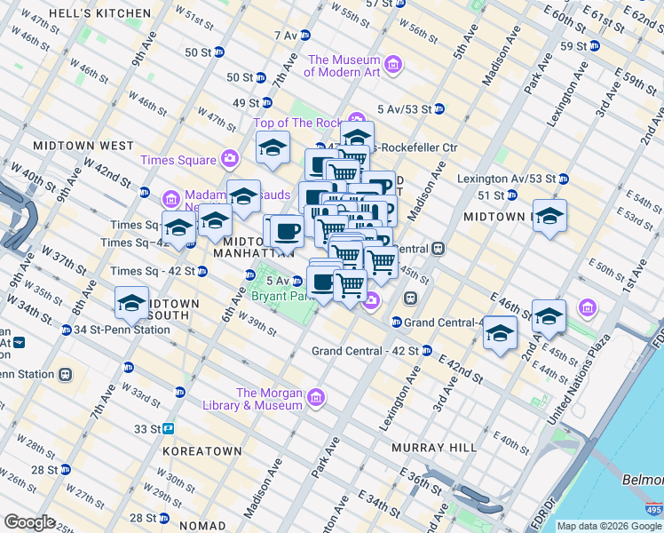 map of restaurants, bars, coffee shops, grocery stores, and more near 530 5th Avenue in New York