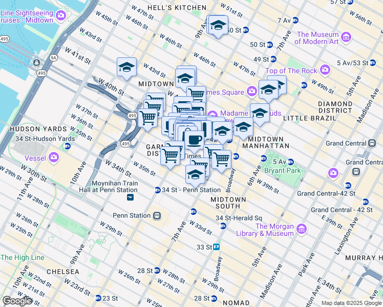 map of restaurants, bars, coffee shops, grocery stores, and more near 250 West 39th Street in New York