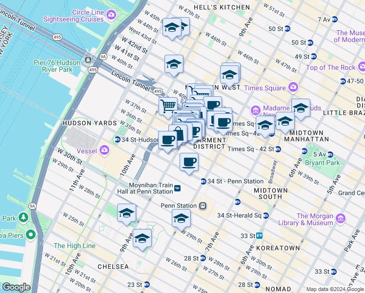 map of restaurants, bars, coffee shops, grocery stores, and more near in New York