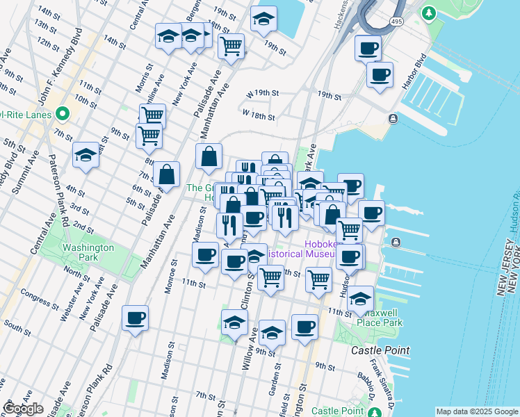 map of restaurants, bars, coffee shops, grocery stores, and more near 1427 Grand Street in Hoboken