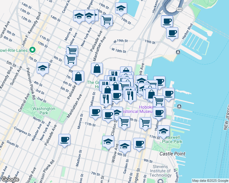 map of restaurants, bars, coffee shops, grocery stores, and more near 1427 Grand Street in Hoboken