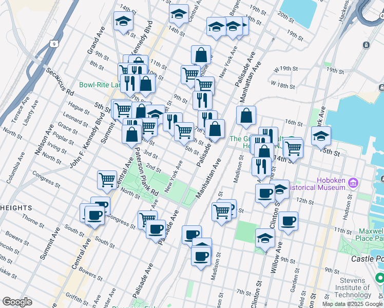 map of restaurants, bars, coffee shops, grocery stores, and more near 508 New York Avenue in Union City