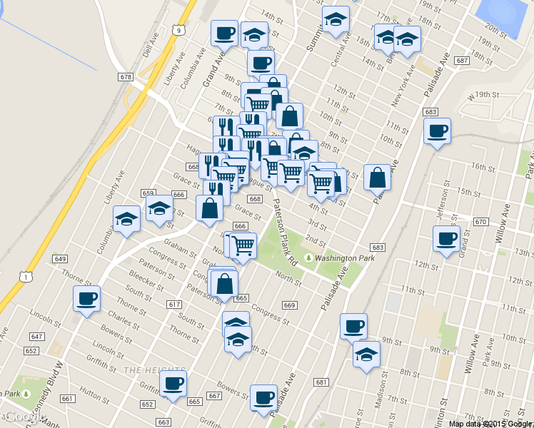 map of restaurants, bars, coffee shops, grocery stores, and more near 23 Leonard Street in Jersey City